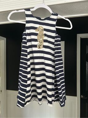 Tommy Bahama Navy and White Striped Tank Top with Gold Sequin Seahorse